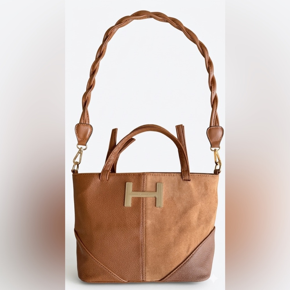 Halston | Brown Leather and Suede Handbag Braided Shoulder Strap Crossbody